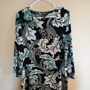 CHICO’S TRAVELERS Hi-Lo Tunic Top Black Gray Beige Green Acanthus Leaf Size 2